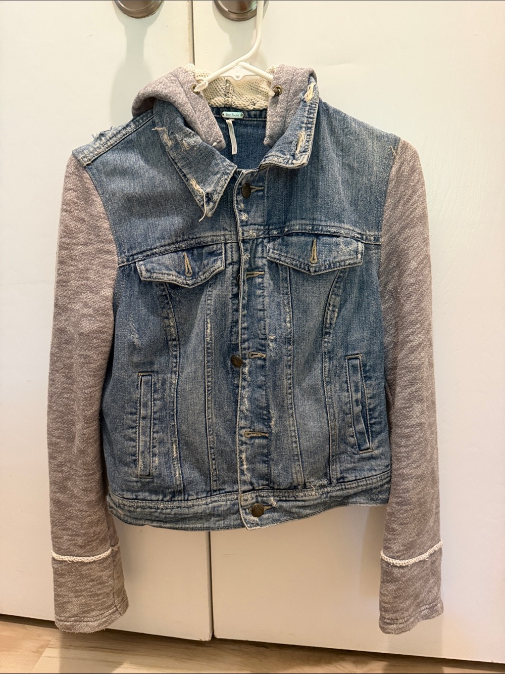 Free People Denim Jacket with Heather Gray Knit Sleeves - Women’s